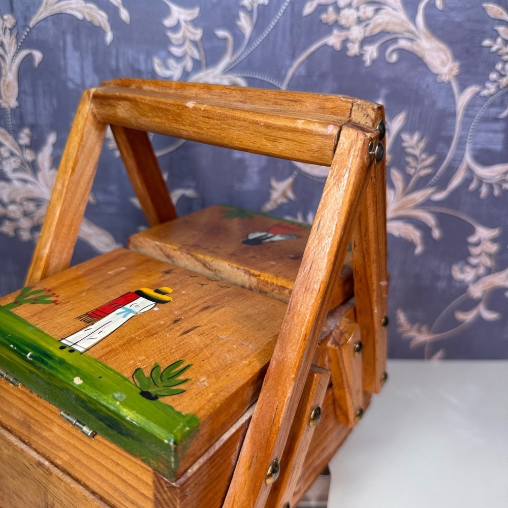 Vintage Mexican Folk Art Two Tier Wooden Sewing Box - Picture 12 of 13